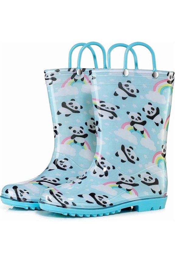 PVC Rain Boots with Easy-On Handles, Waterproof, Light Blue with Panda Rainbow Print, Size 9 Toddler