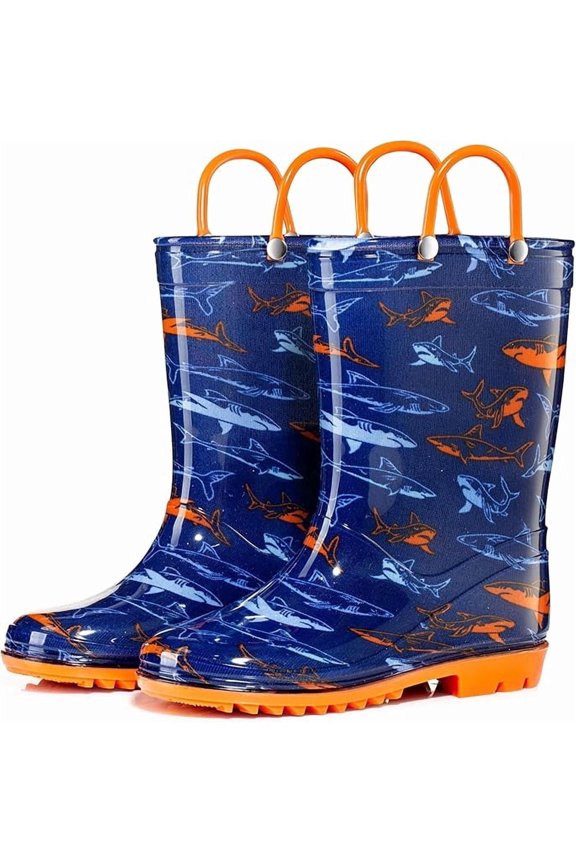 PVC Rain Boots with Easy-On Handles, Waterproof, Navy with Shark Print, Size 7 Toddler