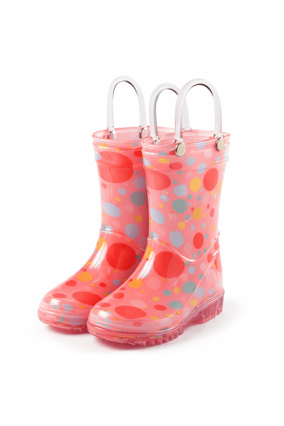PVC Rain Boots with Easy-On Handles, Waterproof, Pink with Colorful Dot Print, Size 4 Toddler