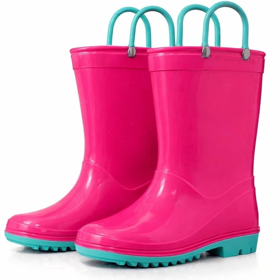 Puddle Play PVC Rain Boots with Easy-On Handles, Waterproof, Pink with Turquoise Trim, Size 4 Big Kid