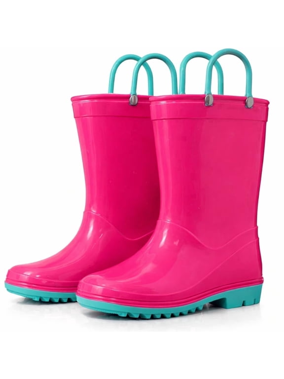 PVC Rain Boots with Easy-On Handles, Waterproof, Pink with Turquoise Trim, Size 4 Big Kid