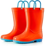 Puddle Play Toddler and Kids Boys and Girls Waterproof Rain Boots with Easy-On Handles - Orange and Light Blue Trimming - Size 10 Toddler