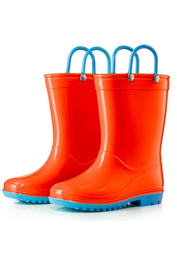 Toddler and Kids Boys and Girls Waterproof Rain Boots with Easy-On Handles - Orange and Light Blue Trimming - Size 4 Toddler