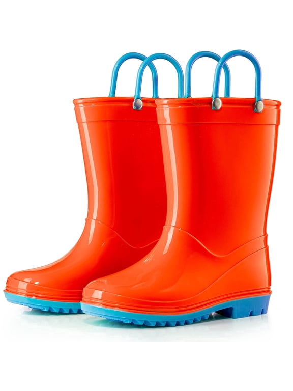 Toddler and Kids Boys and Girls Waterproof Rain Boots with Easy-On Handles - Orange and Light Blue Trimming - Size 6 Toddler