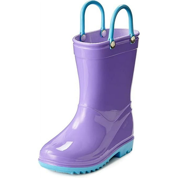 Puddle Play Toddler and Kids Boys and Girls Waterproof Rain Boots with Easy-On Handles - Purple with Blue Trimming - Size 12 Little Kid