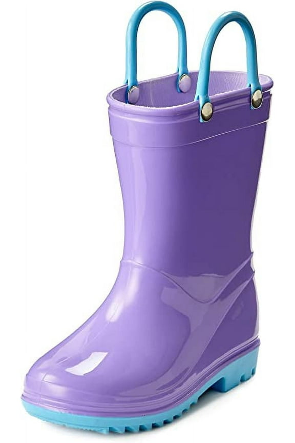 Toddler and Kids Boys and Girls Waterproof Rain Boots with Easy-On Handles - Purple with Blue Trimming - Size 12 Little Kid