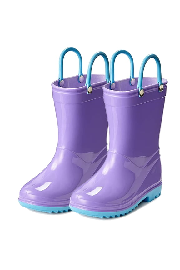 Toddler and Kids Boys and Girls Waterproof Rain Boots with Easy-On Handles - Purple with Blue Trimming - Size 4 Toddler