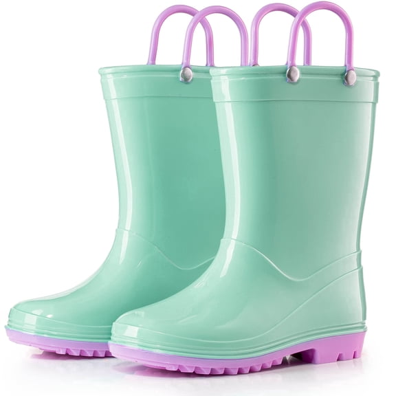 Puddle Play Toddler and Kids PVC Rain Boots with Easy On Handles - Boys and Girls Green, purple and Lavender - Size 7 Toddler
