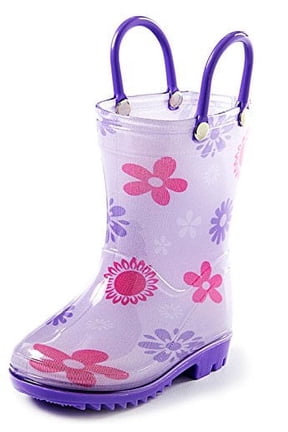 Toddler and Kids Rain Boots with Easy On Handles – Size 4 - Girls Purple Flowers Design