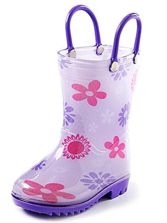 Toddler and Kids Rain Boots with Easy On Handles – Size 4 - Girls Purple Flowers Design