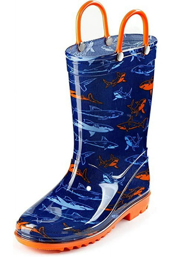 Waterproof Blue And Orange Shark PVC Rain Boots Easy-On Handles - Size 13 Little Kid