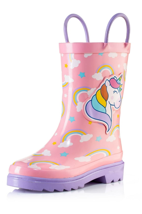 Waterproof Pink Unicorn Rubber Rain Boots Easy-On Handles - Size 8 Toddler
