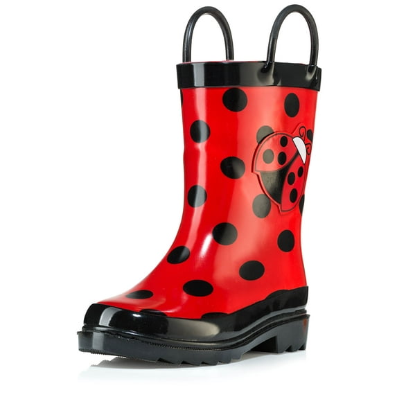 Puddle Play Waterproof Toddler and Little Kids Red Ladybug Rubber Rain Boots With Easy-On Handles - Size 5 Toddlers