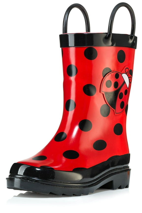 Waterproof Toddler and Little Kids Red Ladybug Rubber Rain Boots With Easy-On Handles - Size 8 Toddlers