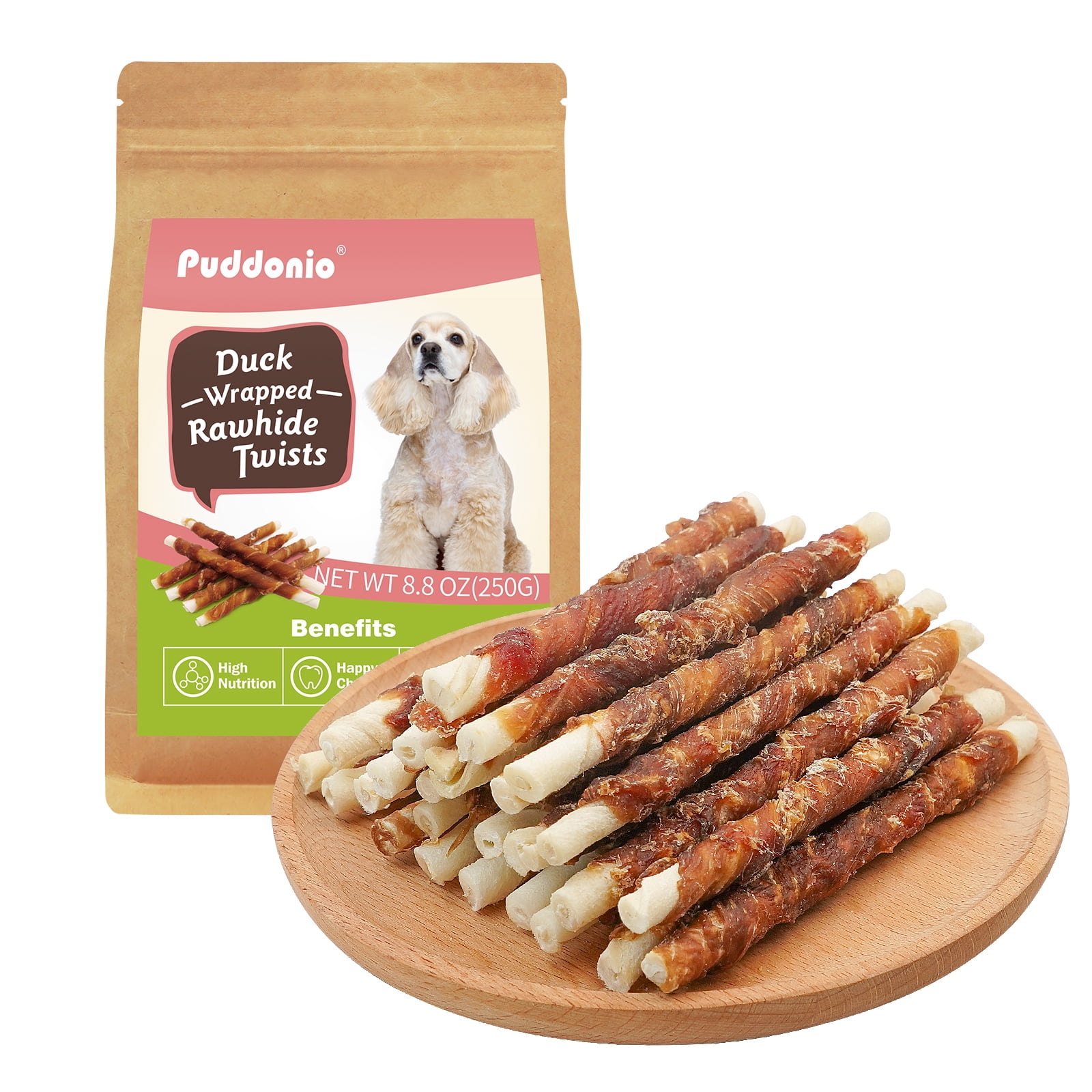 Puddonio Dog Treats, Duck Wrapped Rawhide Sticks, 25 Count