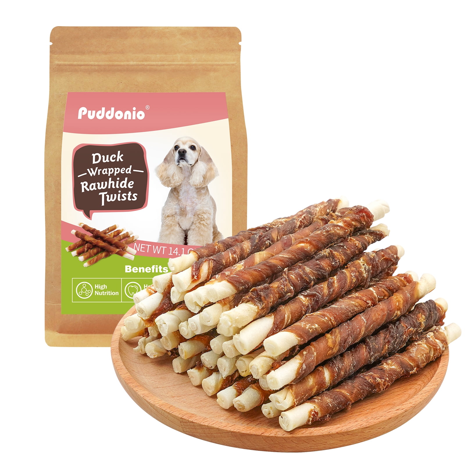 Puddonio Dog Treats, Duck Wrapped Rawhide Sticks, 40 Count