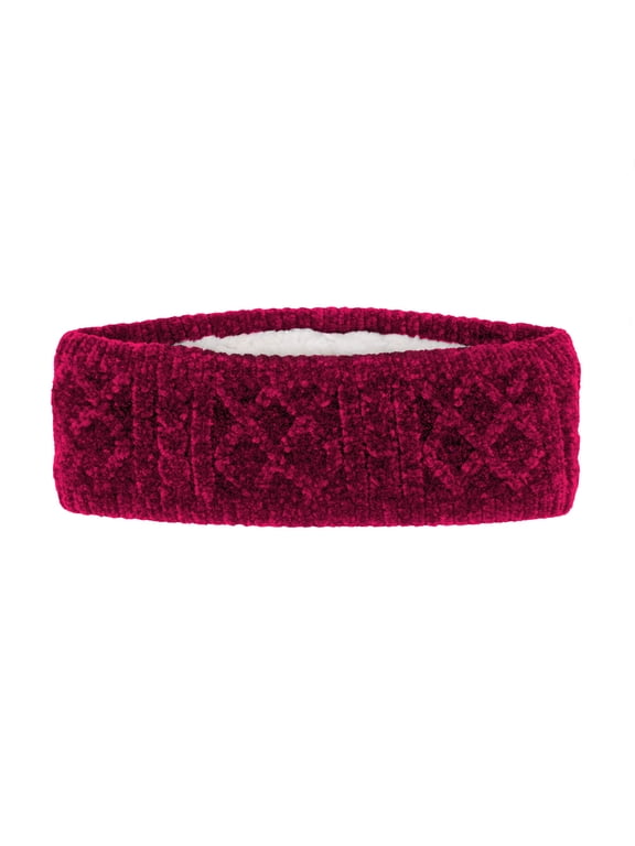Winter Headbands for Women - Chenille Cable Knit Ear Warmer Headwrap Headband with Warm Faux Fur Fleece Lining (Chenille Raspberry)