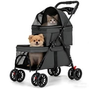 Puedo Double Pet Stroller for Small Cats and Dogs, Foldable Kittens Puppies Travel Strolling Cart with 2 Carriages, Lockable Wheels, Black
