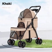 Puedo Double Pet Stroller for Small Cats and Dogs, Foldable Kittens Puppies Travel Strolling Cart with 2 Carriages, Lockable Wheels, Khaki