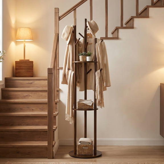 Puedo Free Standing Coat Rack with Storage Shelves, Modern Wood Hall Tree Organizer for Entryway，Walnut color