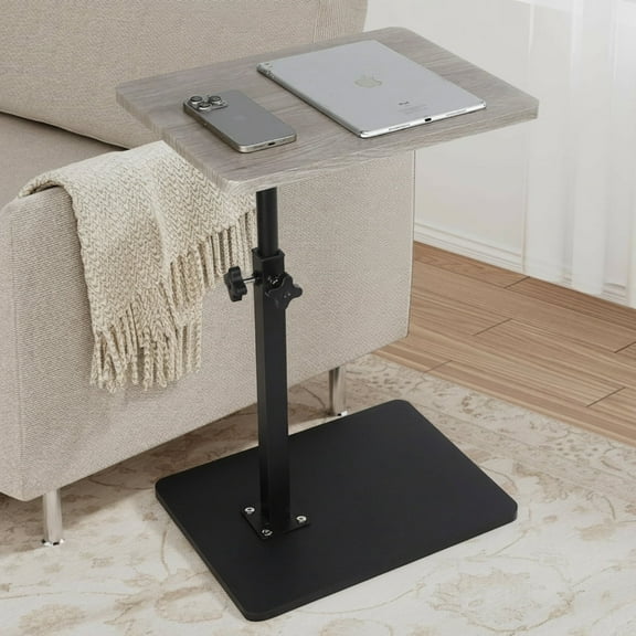 Puedo Height Adjustable End Table, 360° Rotatable Sofa Armrest Side Tray Table, Adjustable Legs Space-Saving Couch Bedside TV Tray C-Shaped End Table Snack Table for Eating, Gray