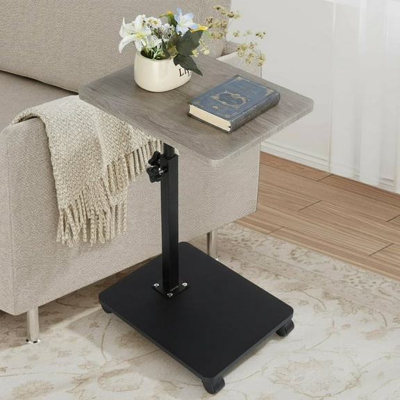 Puedo Height Adjustable End Table With wheels, 360° Rotatable Sofa Armrest Side Tray Table, Adjustable Legs Space-Saving Couch Bedside TV Tray C-Shaped End Table Snack Table for Eating, Gray