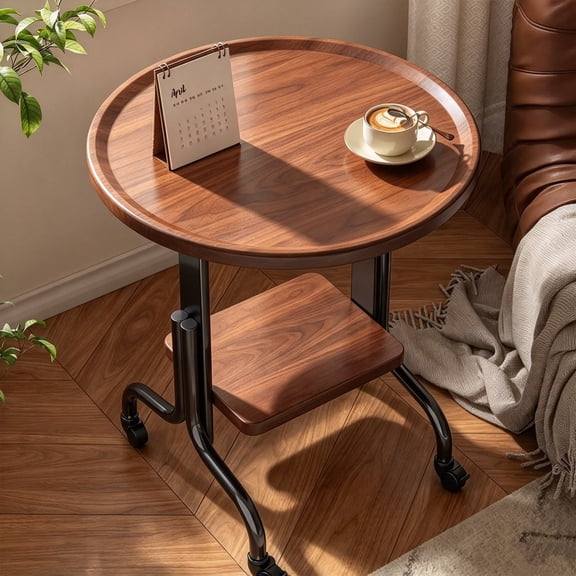 Puedo Round End Table with Shelf, Modern Side Table for Living Room, Coffee Table with Wheels