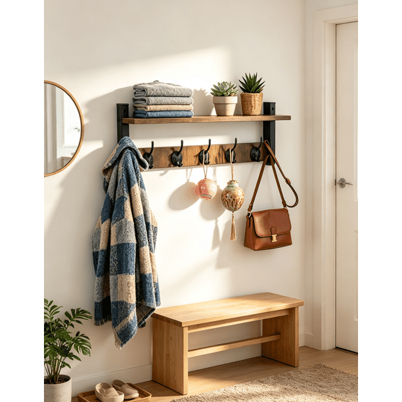 Puedo Wall Hooks with Shelf, Rustic Wood Coat Rack, 5 Metal Hooks, Entryway Organizer, Brown Black