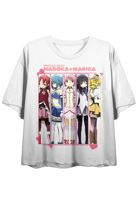 Puella Magi Madoka Magica Group Shot Fighting Pose Women’s White Crew Neck Short Sleeve Crop Top-XXL