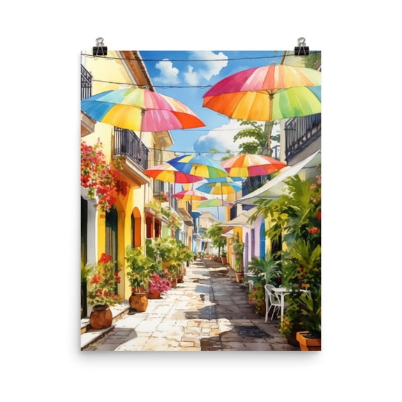 Puerto Plata Print, Colorful Umbrellas Dominican Republic Art, Caribbean City Poster, Vibrant Market Wall Decor, Tropical Art Home Decor #3490, Stretched Canvas Size 8x12