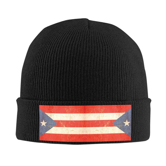 Puerto Puertorico Flag Winter Beanie Hats for Men Women Warm Cozy Knitted Cuffed Skull Cap Black