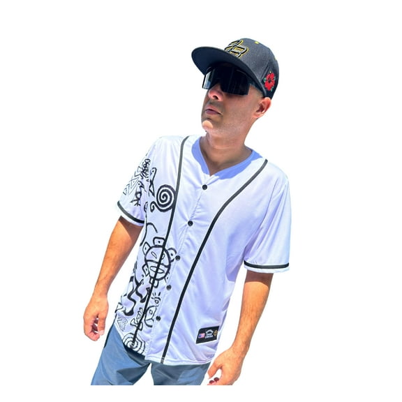 Puerto RICO Jersey Baseball Simbolos Taino Black and White Short Sleeve, v Neck (US, Alpha, Medium, Regular, Regular, Polyester)