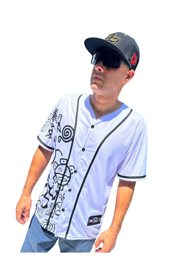 Puerto RICO Jersey Baseball Simbolos Taino Black and White Short Sleeve, v Neck (US, Alpha, Medium, Regular, Regular, Polyester)