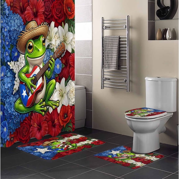 Puerto Rican 4PCS Shower Curtains Set with Toilet Lid Cover Non-Slip Rugs, Flag Themed Watercolor Flowers Cartoon Frog Guitar Waterproof Shower Curtain Set for Bathroom with 12 Hooks 66x72 In