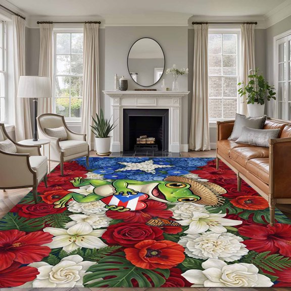 Puerto Rican 5'x8' Rug for Bedroom Under Queen Bed Placement, Flag Themed Watercolor Flowers Cartoon Frog Heart Washable Non Slip Large Rectangle Area Rug