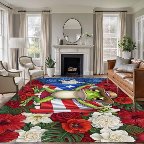 Puerto Rican 5'x8' Rug for Bedroom Under Queen Bed Placement, Flag Themed Watercolor Flowers Cartoon Funny Frog Washable Non Slip Large Rectangle Area Rug