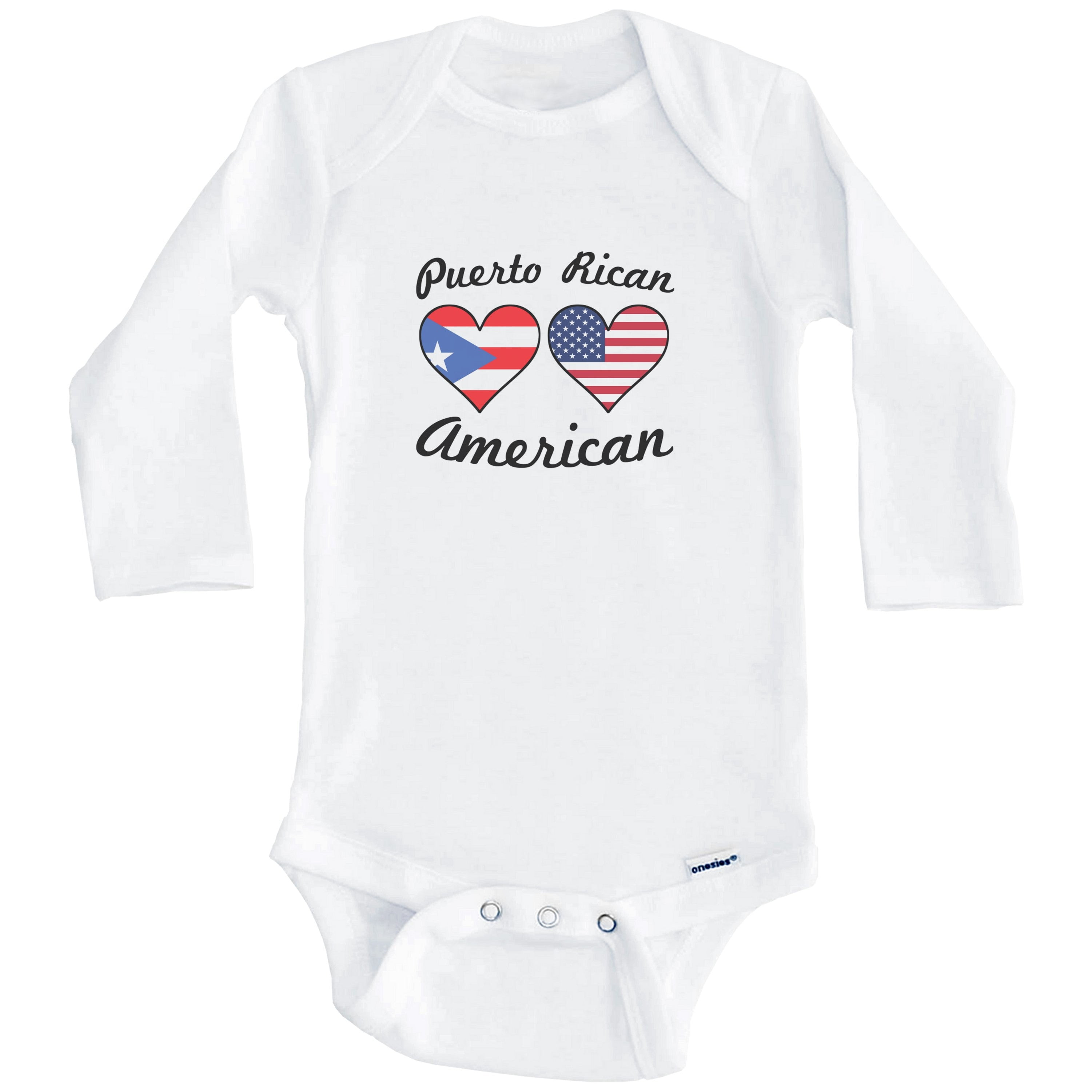Puerto Rican American Flag Hearts Puerto Rico One Piece Baby Bodysuit (Long Sleeve), 6-9 Months White