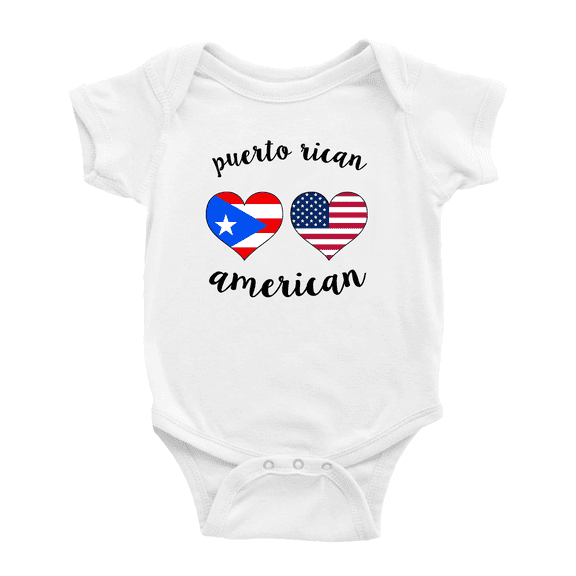 Puerto Rican American Flag Two Hearts Baby Rompers Baby Bodysuit (White, 6-12 Months)