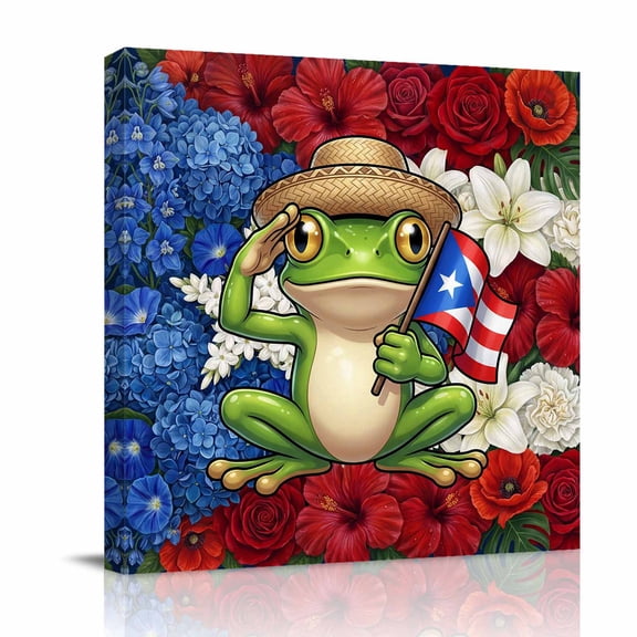 Puerto Rican Canvas Wall Art for Living Room, Flag Themed Watercolor Flowers Cartoon Cute Frog Poster Print Painting for Bedroom Office Home Decoration Wall Pictures Prepare To Hang 8"x8"