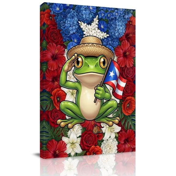 Puerto Rican Canvas Wall Art for Living Room, Flag Themed Watercolor Flowers Cartoon Cute Frog Wall Decor Framed Artwork Pictures Ready to Hang for Bedroom Office Home Decor