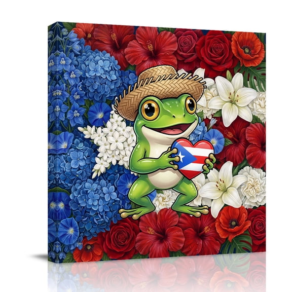 Puerto Rican Canvas Wall Art for Living Room, Flag Themed Watercolor Flowers Cartoon Frog Heart Poster Print Painting for Bedroom Office Home Decoration Wall Pictures Prepare To Hang 8"x8"