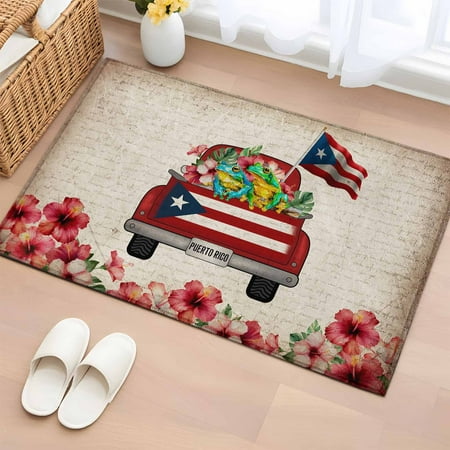 Puerto Rican Flag Bathroom Rug Washable 2x3 Entryway Rug Non Slip Vintage Country Truck Flowers Beige Front Door Mat Low Pile Indoor Doormat Throw Floor Carpet for Kitchen Bedroom Entrance