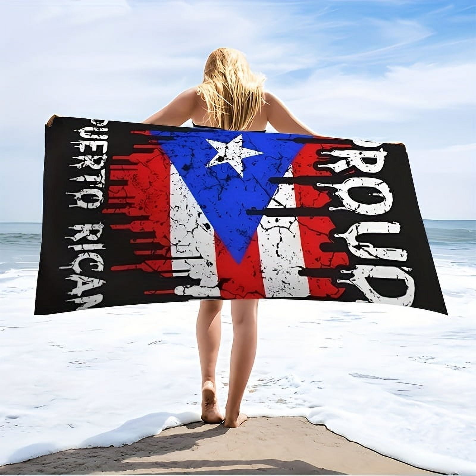 Puerto Rican Flag Beach Towel, Quick-Dry Polyester Blend, Modern Style, Super Absorbent, Machine Washable Knit Fabric, Oblong Shape, Ideal for Beach, Swimming, Outdoor Camping, Holiday Gift