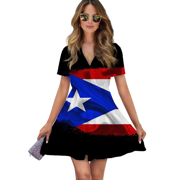 Puerto Rican Flag By Solomaskx Women Dress V-Neck Short Sleeve Flowy Swing Party Midi Dress