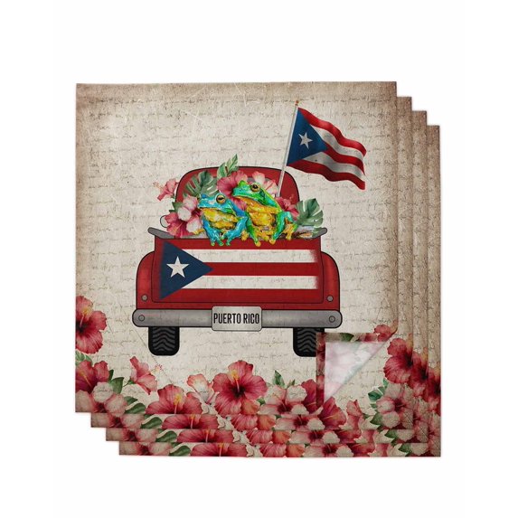 Puerto Rican Flag Cloth Napkins Set of 4 Reusable Dinner Napkins, Vintage Country Truck Flowers Beige Cocktail Napkin Washable Table Napkins for Wedding/Holiday Party/Baby Shower 20"x20"