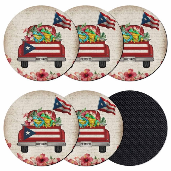 Puerto Rican Flag Coasters Set of 6, Absorbent Coasters for Drinks, Vintage Country Truck Flowers Beige Coaster for Desk Coffee Table Protection, Home Decor House Warming Gifts 4"