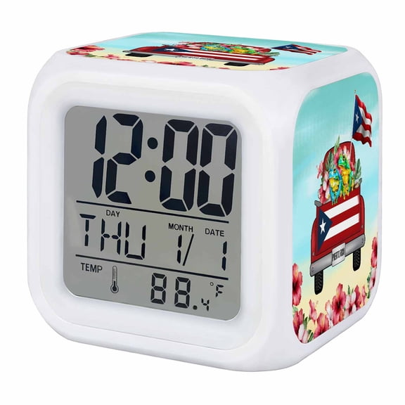 Puerto Rican Flag Digital Alarm Clock for Bedrooms,Smart LED Alarm Clock with 7 Color Night Light,Vintage Country Truck Flowers Blue Beige Silent Wake Up Clocks for Sleep Study Cooking 3.2"x3.2"