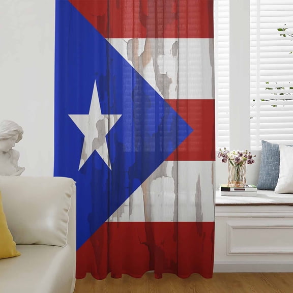 Puerto Rican Flag Semi Sheer Curtains Drapes for Living Room, Bedroom, French Doors Window 108 Inches Long, Vintage Geometric Art Wooden Rod Pocket Chiffon Curtain Drapery Voile Draperies Panel