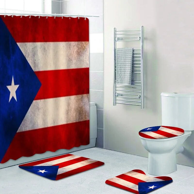 Puerto Rican Flag Shower Curtain 3D Printed Bath Mat Set Polyester