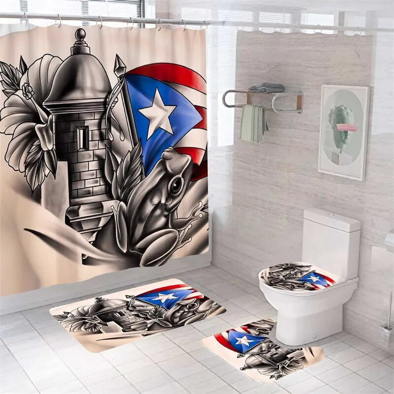 Puerto Rican Flag Shower Curtain 3D Printed Bath Mat Set Polyester